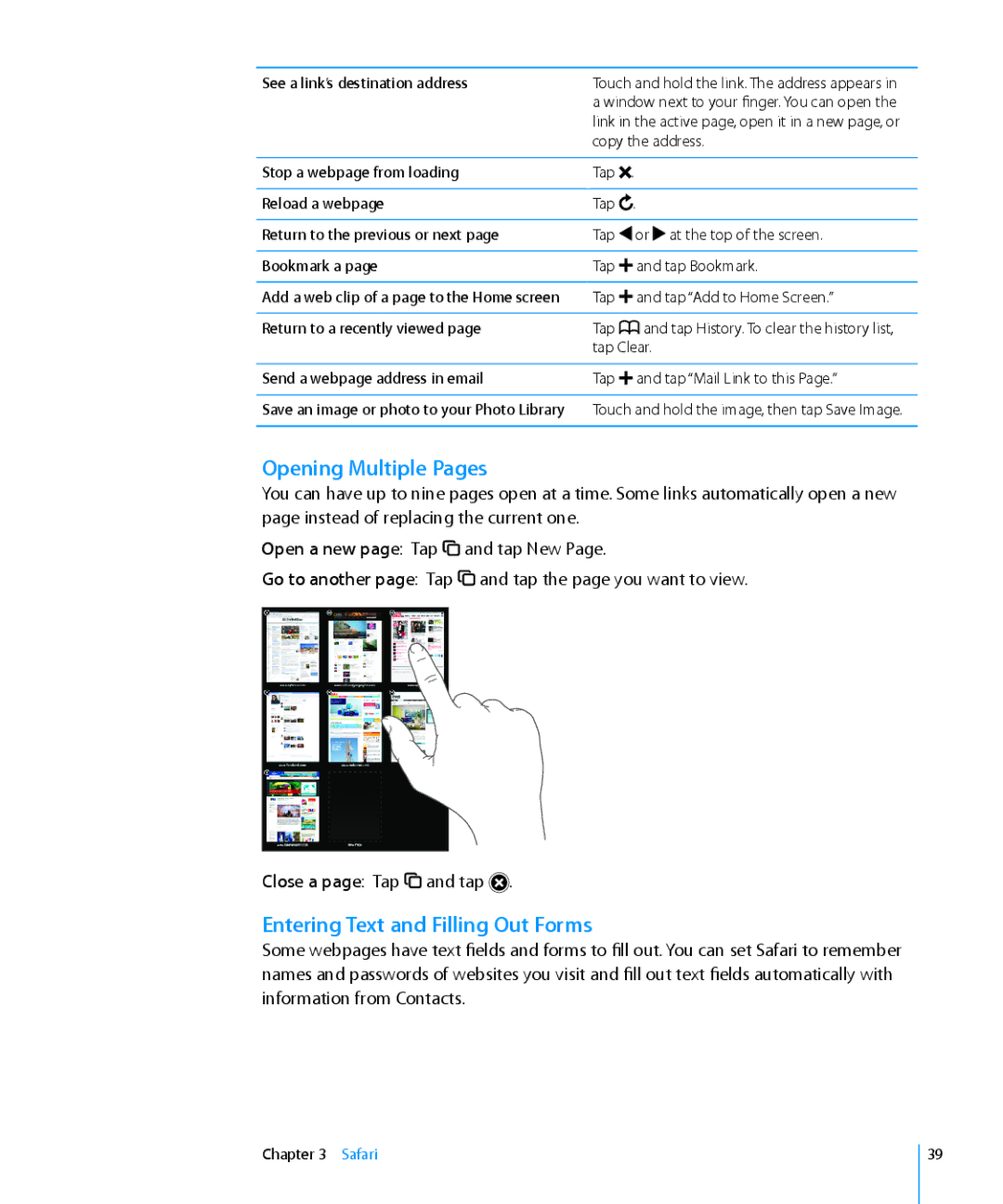 Apple MC349LL/A manual Opening Multiple Pages, Entering Text and Filling Out Forms, Close a page Tap and tap 