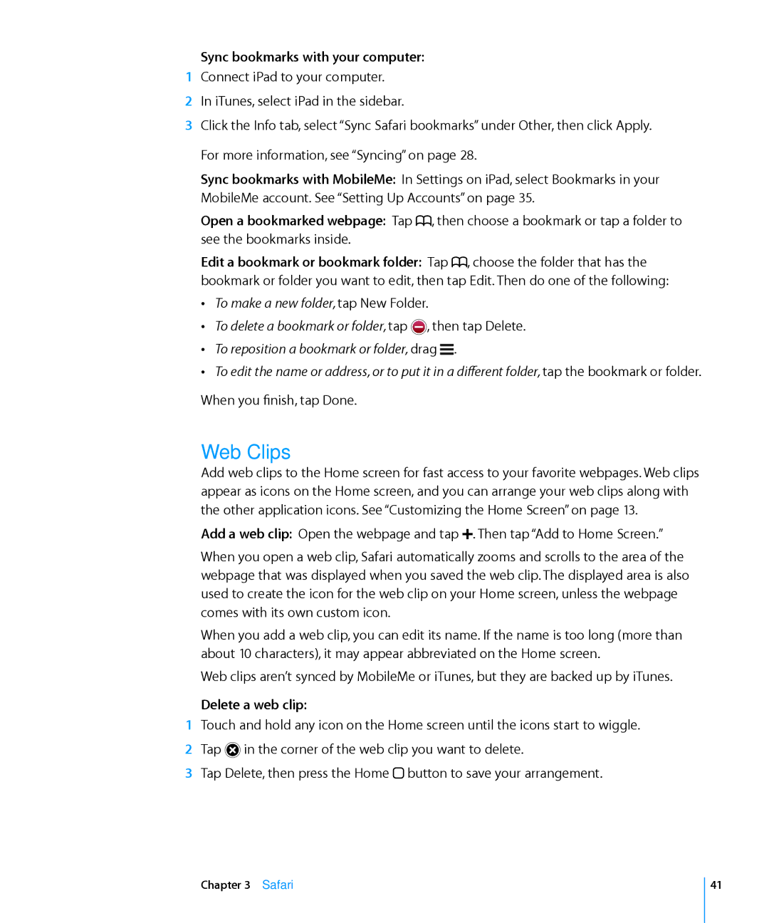 Apple MC349LL/A manual Web Clips, Sync bookmarks with your computer, Delete a web clip 