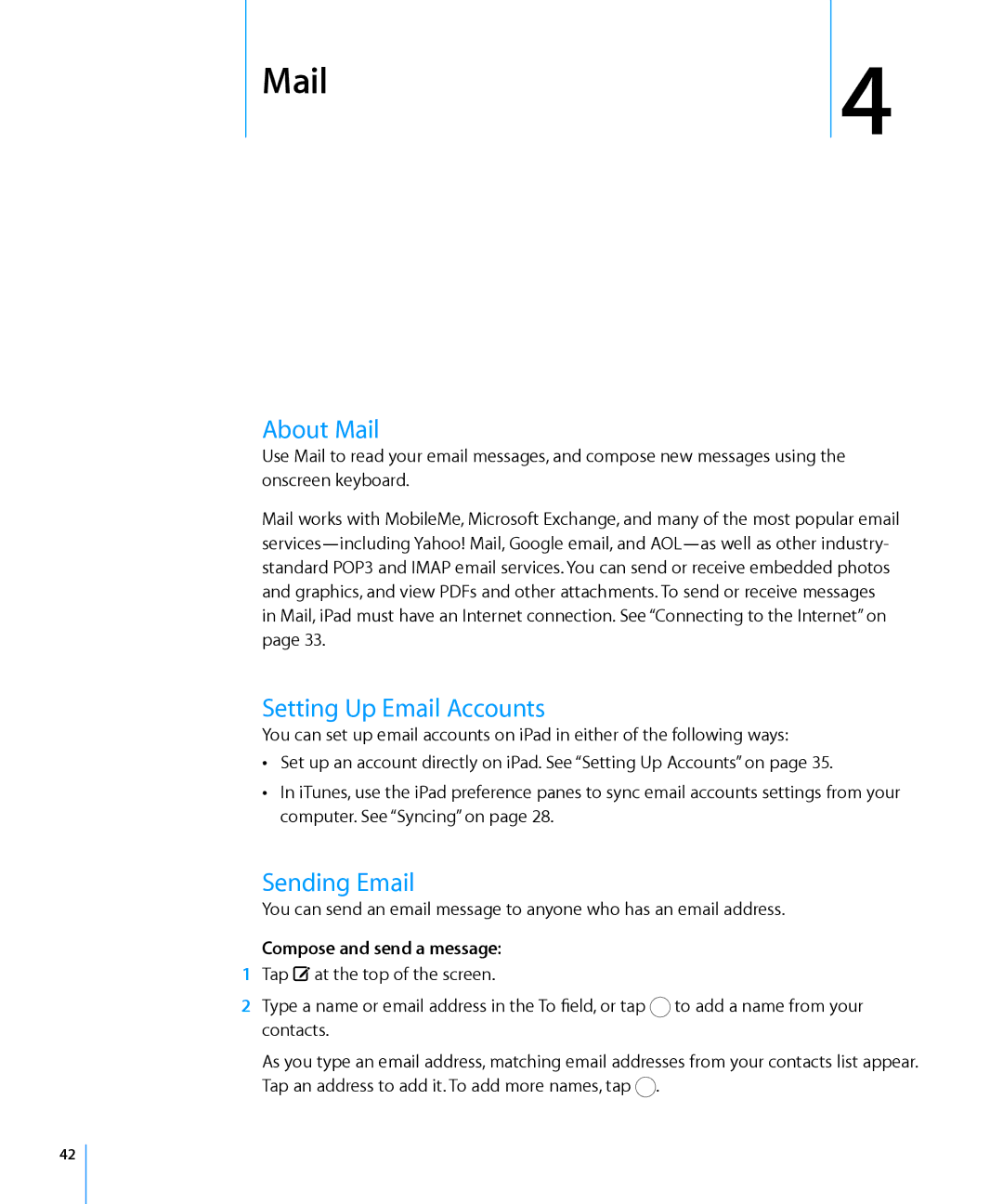 Apple MC349LL/A manual About Mail, Setting Up Email Accounts, Sending Email, Compose and send a message 