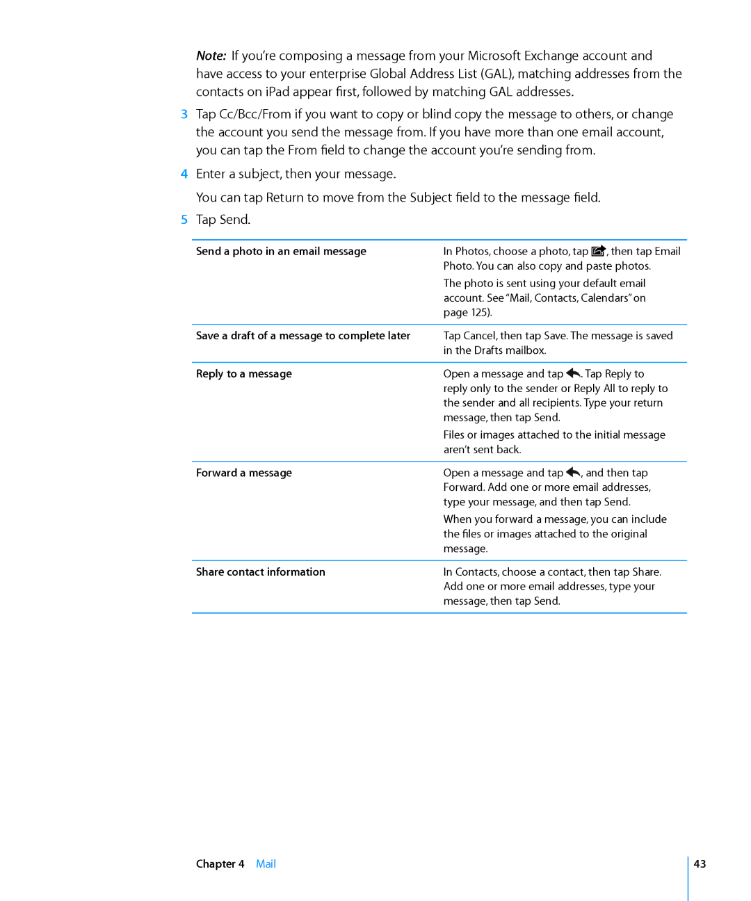 Apple MC349LL/A manual Send a photo in an email message, Reply to a message, Forward a message, Share contact information 