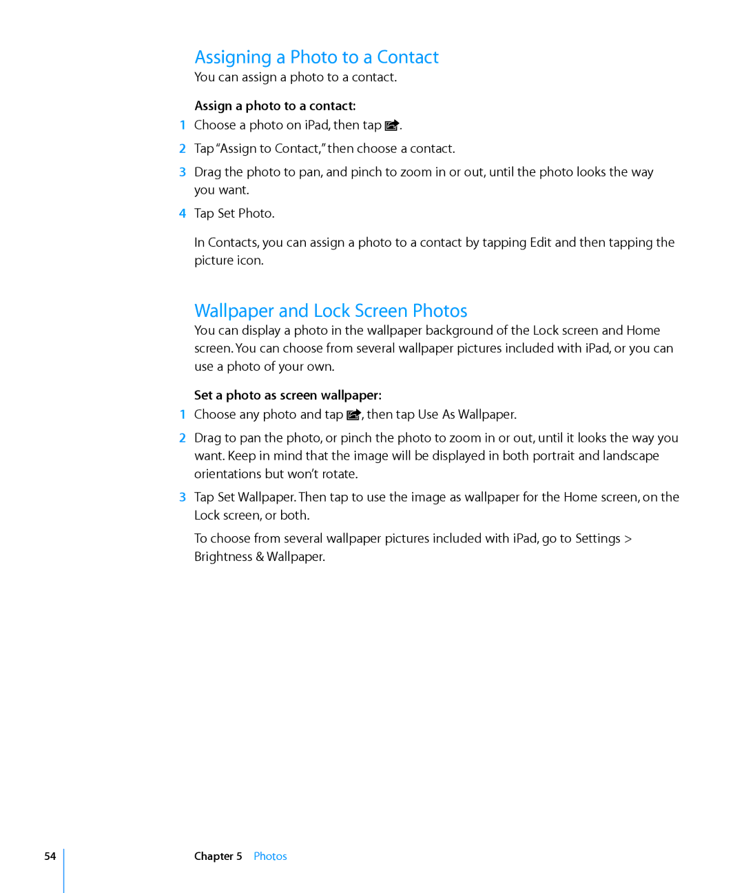 Apple MC349LL/A manual Assigning a Photo to a Contact, Wallpaper and Lock Screen Photos, Assign a photo to a contact 