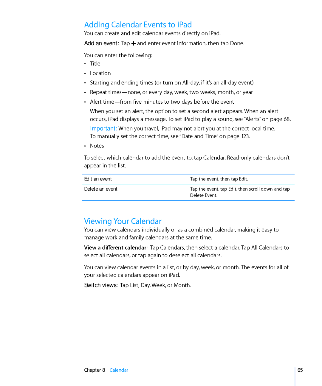Apple MC349LL/A manual Adding Calendar Events to iPad, Viewing Your Calendar, Edit an event, Delete an event 