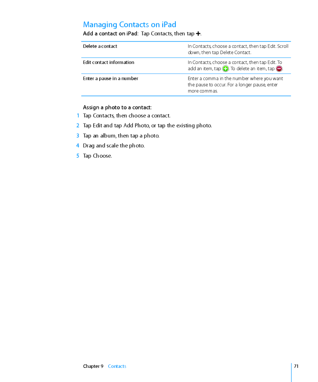 Apple MC349LL/A manual Managing Contacts on iPad, Delete a contact, Edit contact information, Enter a pause in a number 