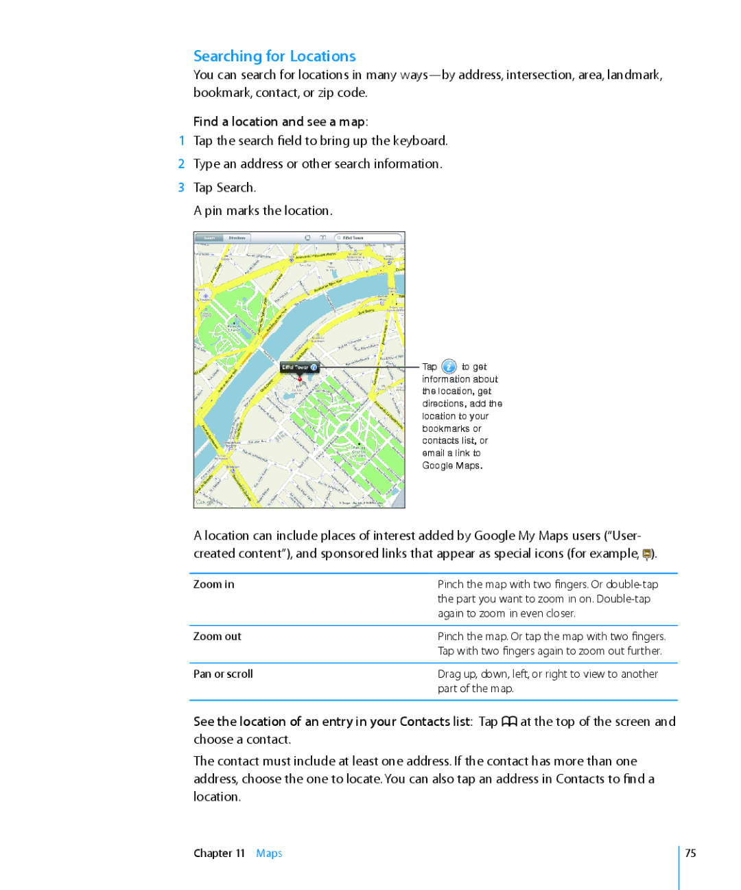 Apple MC349LL/A manual Searching for Locations, Find a location and see a map, Zoom out, Pan or scroll 