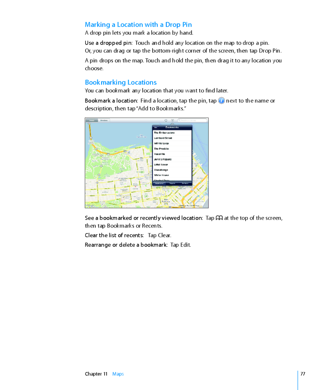 Apple MC349LL/A manual Marking a Location with a Drop Pin, Bookmarking Locations 