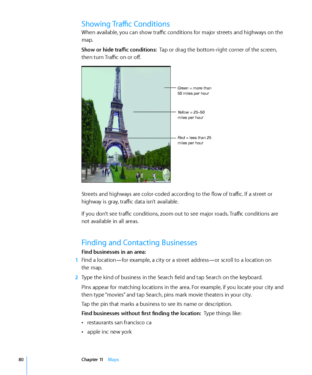 Apple MC349LL/A manual Showing Traffic Conditions, Finding and Contacting Businesses, Find businesses in an area 