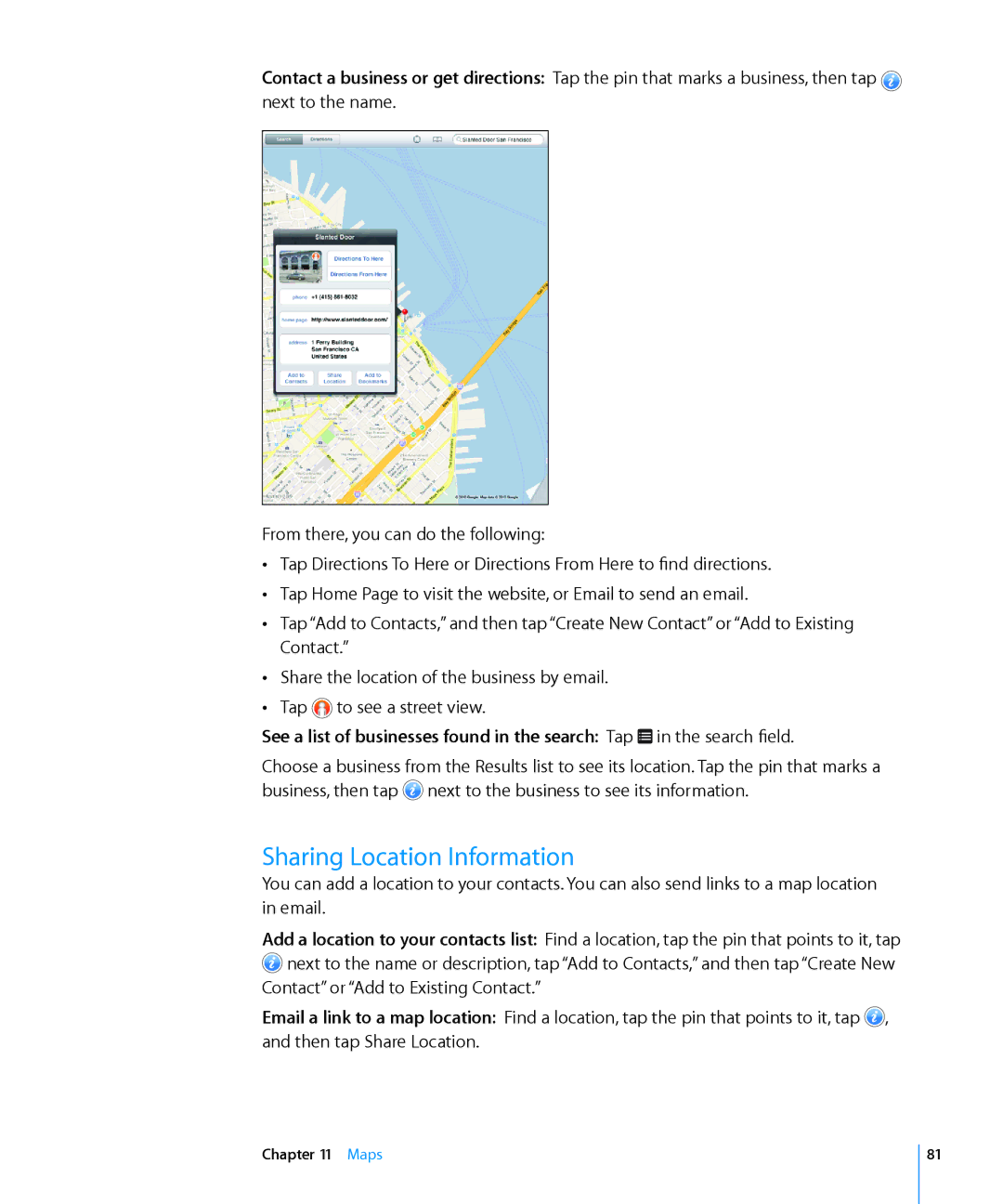 Apple MC349LL/A manual Sharing Location Information, From there, you can do the following 