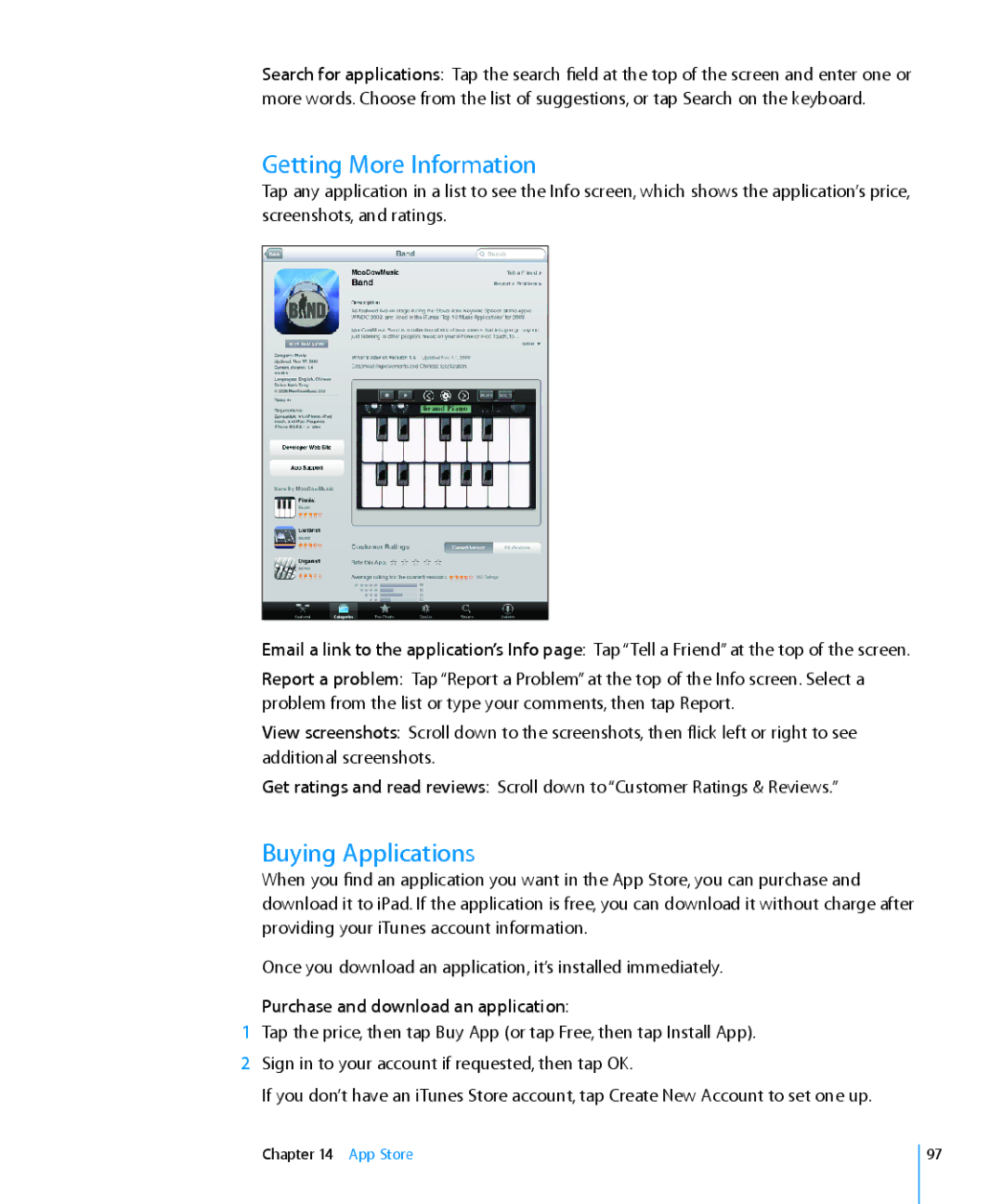 Apple MC349LL/A manual Getting More Information, Buying Applications, Purchase and download an application 