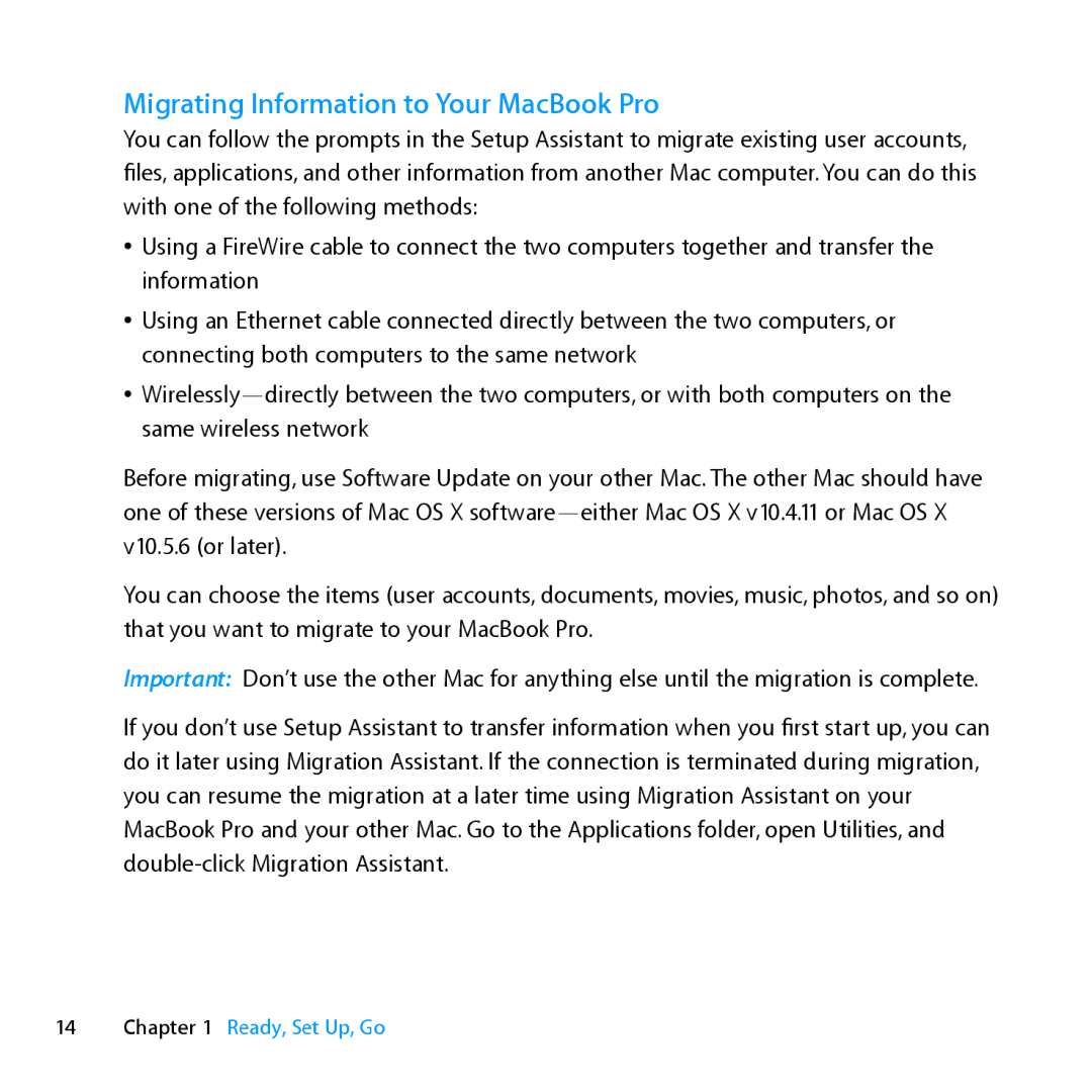 Apple MC371LL/A manual Migrating Information to Your MacBook Pro 