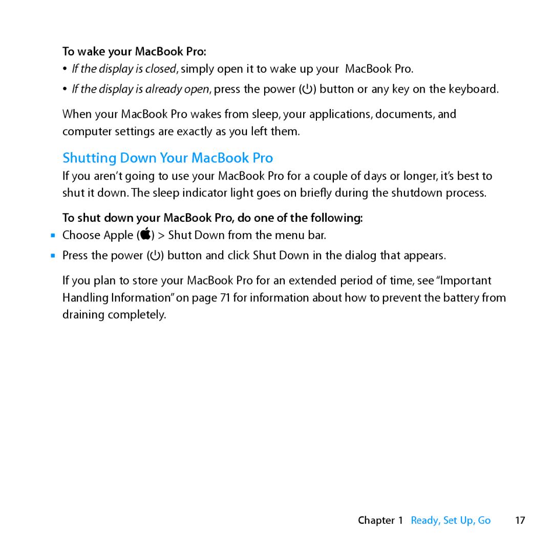 Apple MC371LL/A manual Shutting Down Your MacBook Pro, To wake your MacBook Pro 