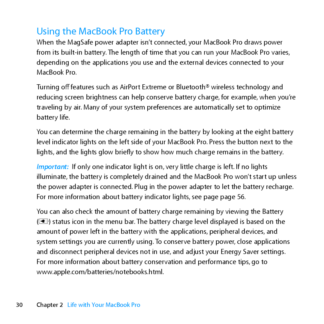 Apple MC371LL/A manual Using the MacBook Pro Battery 