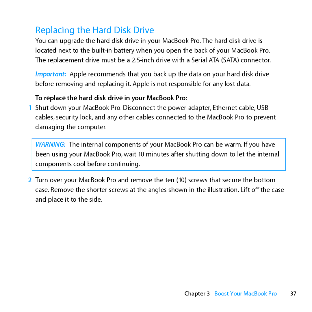 Apple MC371LL/A manual Replacing the Hard Disk Drive, To replace the hard disk drive in your MacBook Pro 