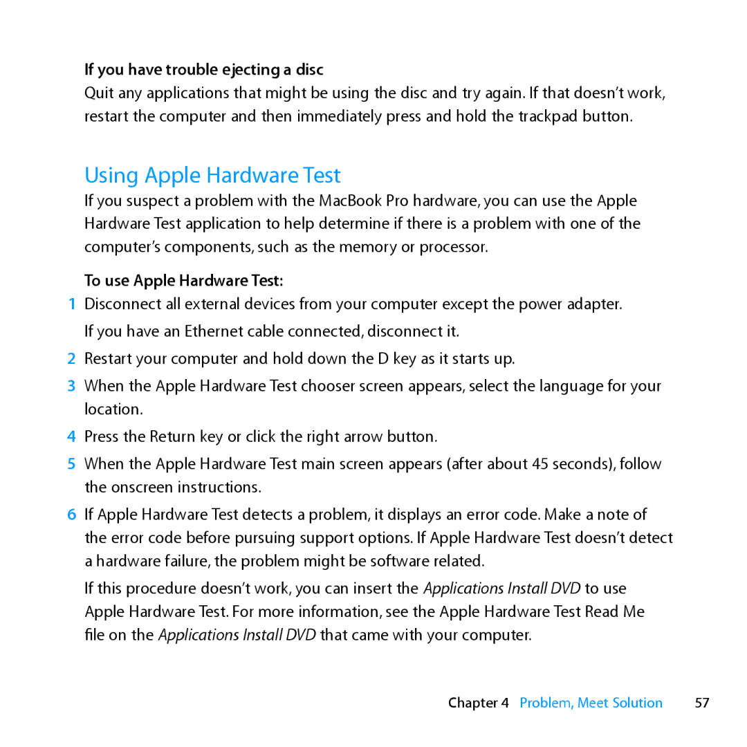 Apple MC371LL/A manual Using Apple Hardware Test, If you have trouble ejecting a disc, To use Apple Hardware Test 