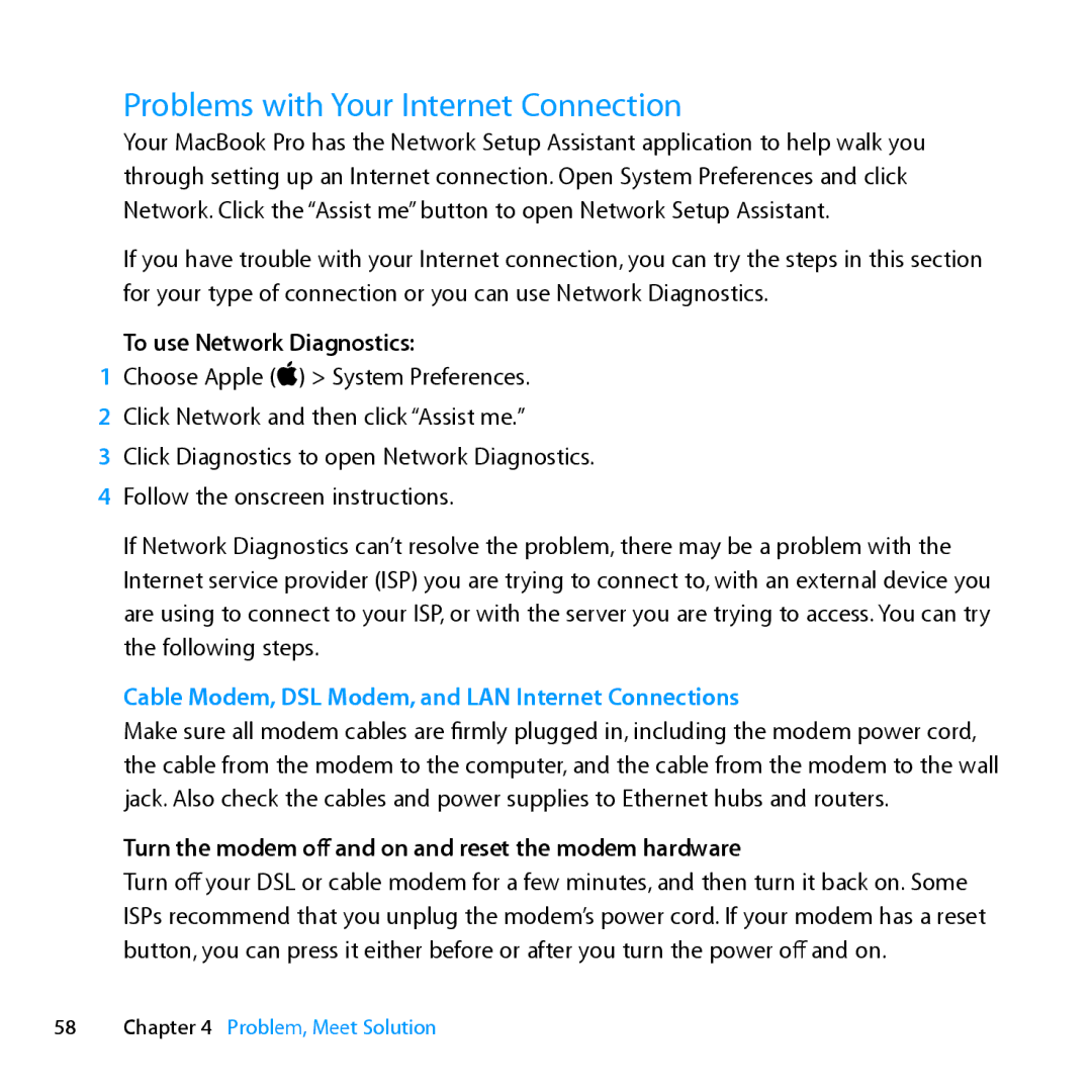 Apple MC371LL/A manual Problems with Your Internet Connection, To use Network Diagnostics 