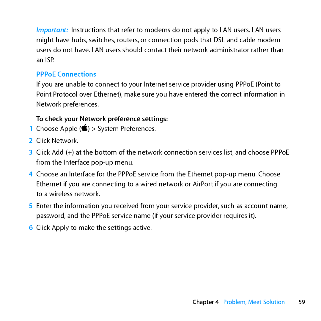 Apple MC371LL/A manual PPPoE Connections, To check your Network preference settings 