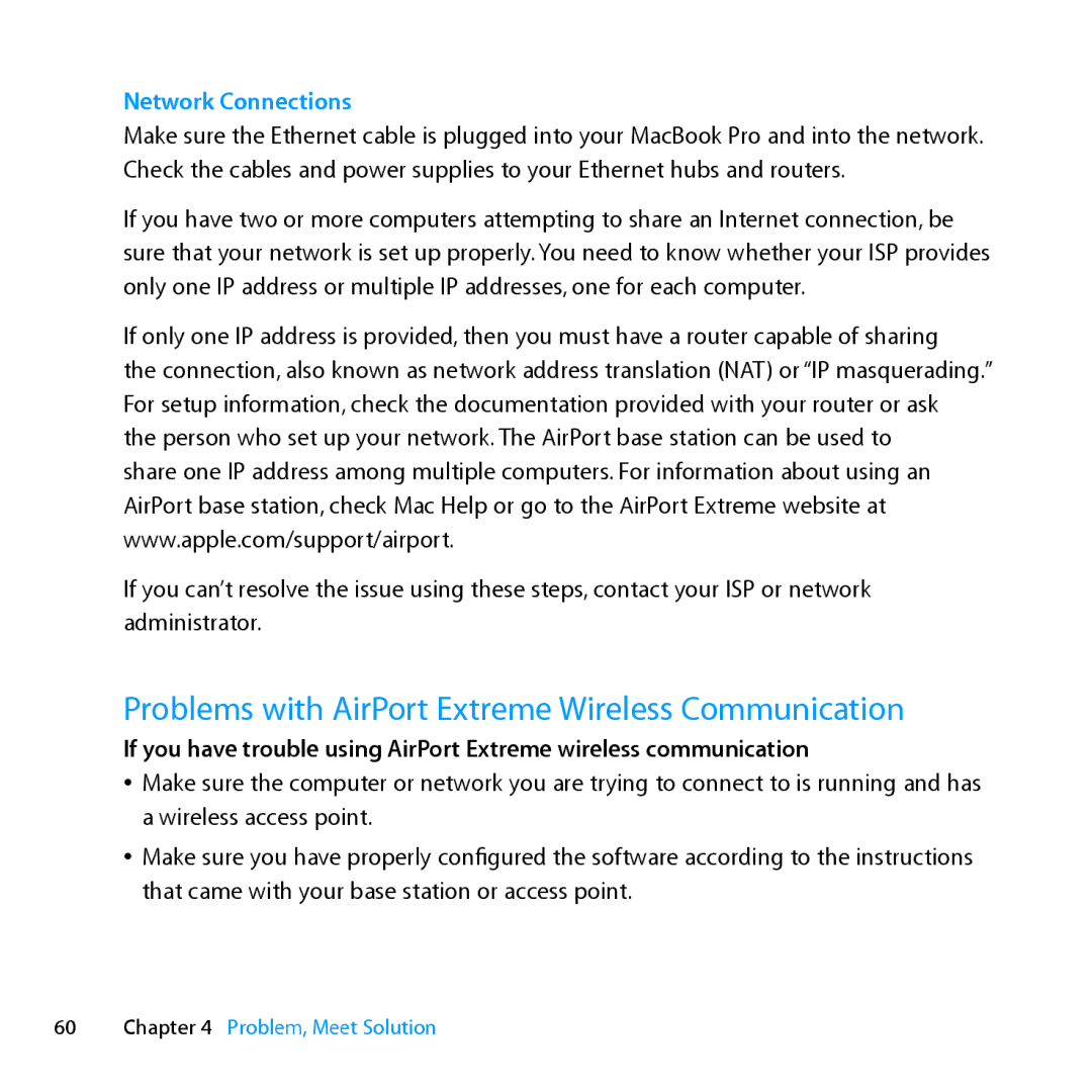 Apple MC371LL/A manual Problems with AirPort Extreme Wireless Communication, Network Connections 