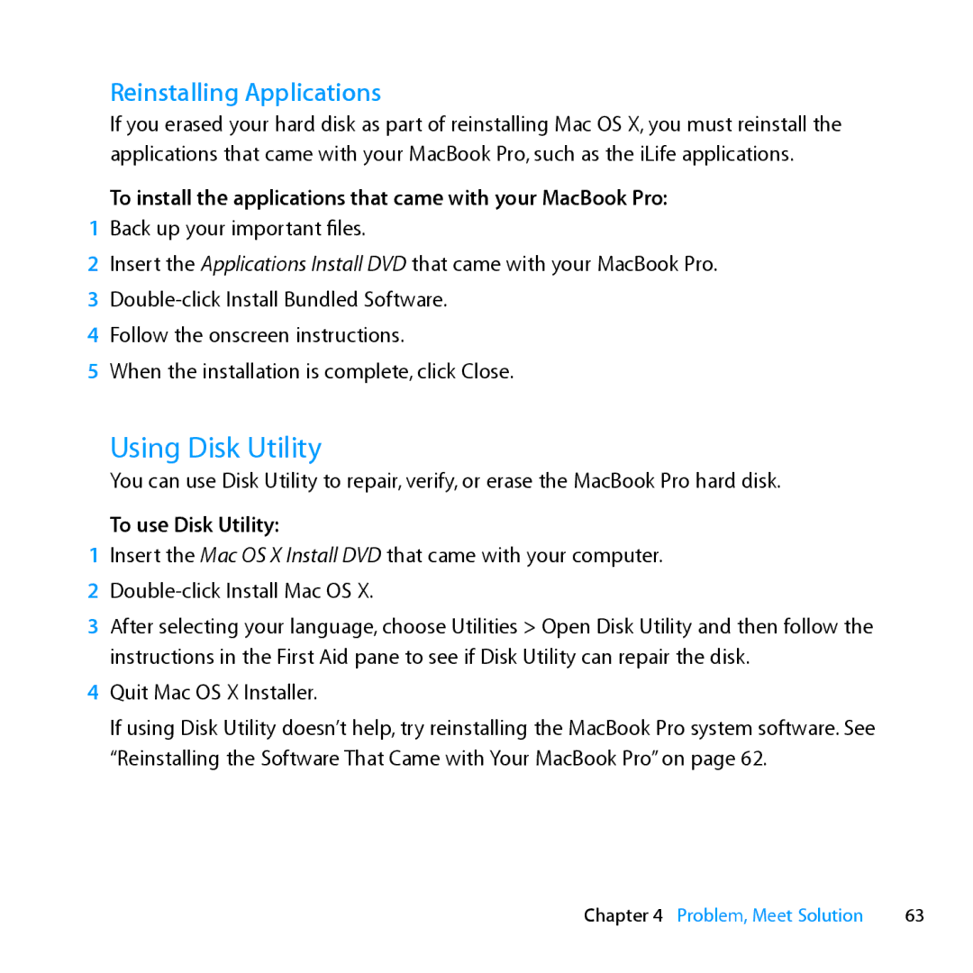 Apple MC371LL/A Using Disk Utility, Reinstalling Applications, To install the applications that came with your MacBook Pro 