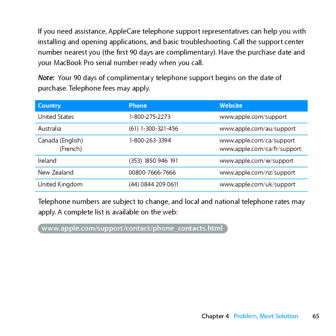 Apple MC371LL/A manual Country Phone Website 