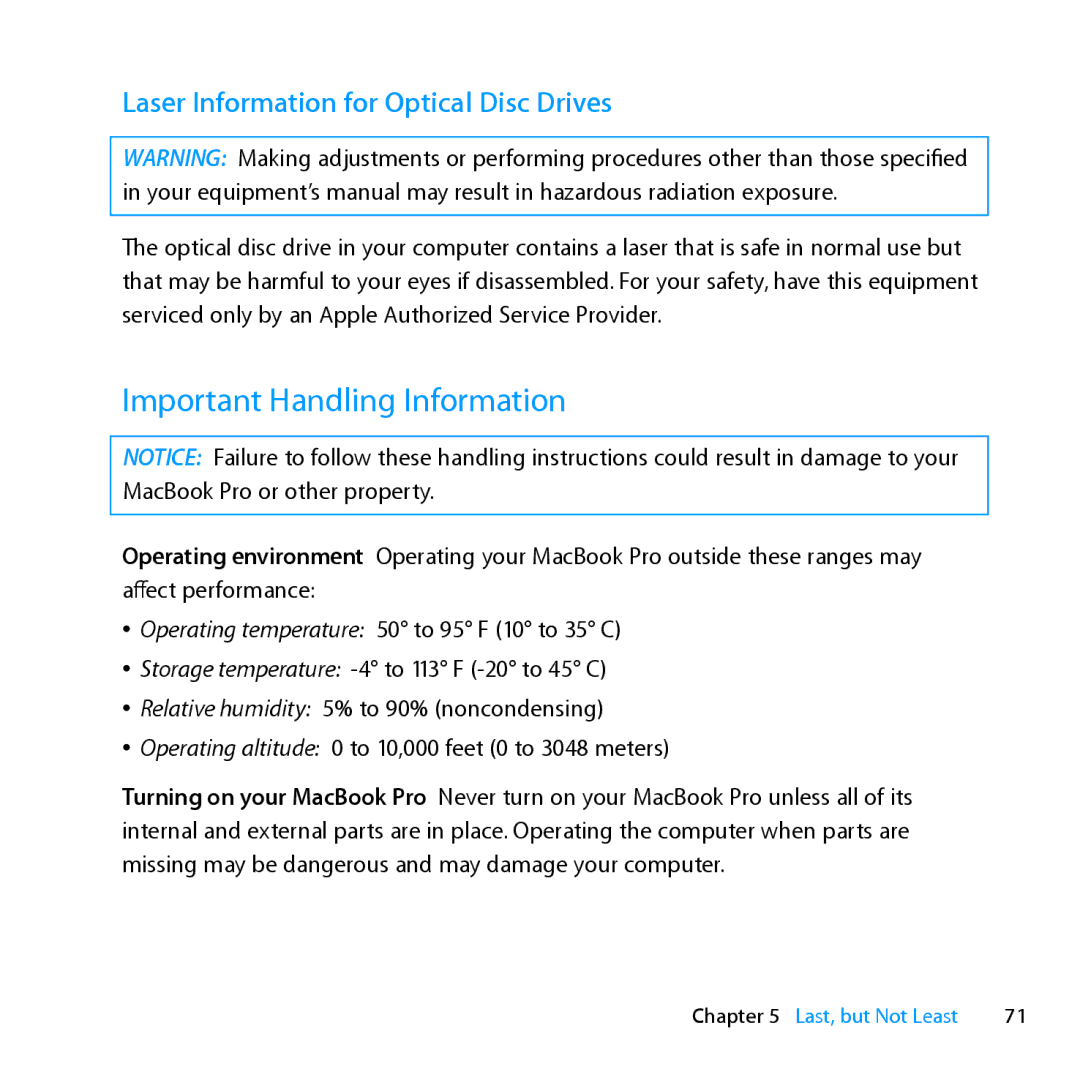 Apple MC371LL/A manual Important Handling Information, Laser Information for Optical Disc Drives 