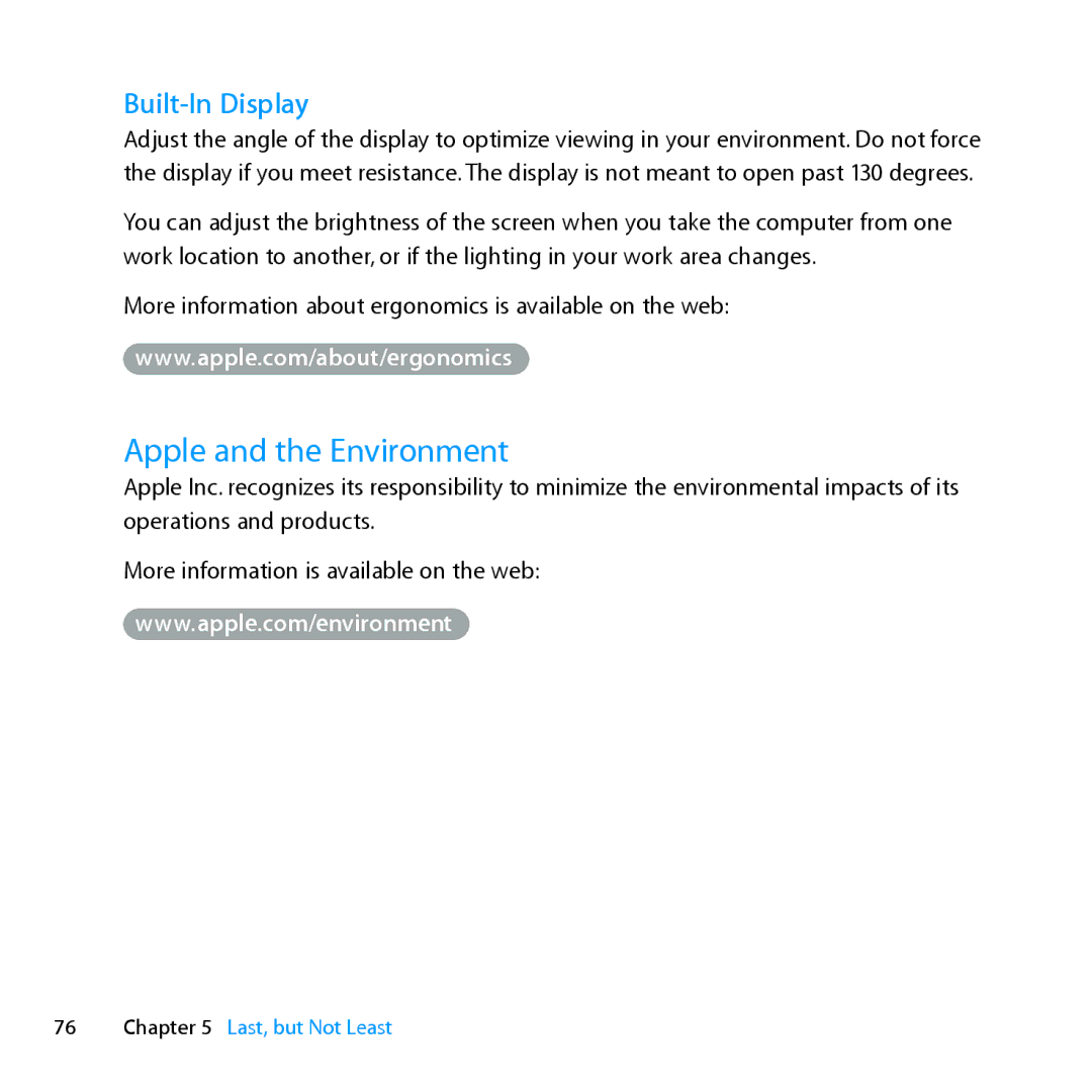 Apple MC371LL/A manual Apple and the Environment, Built-In Display 