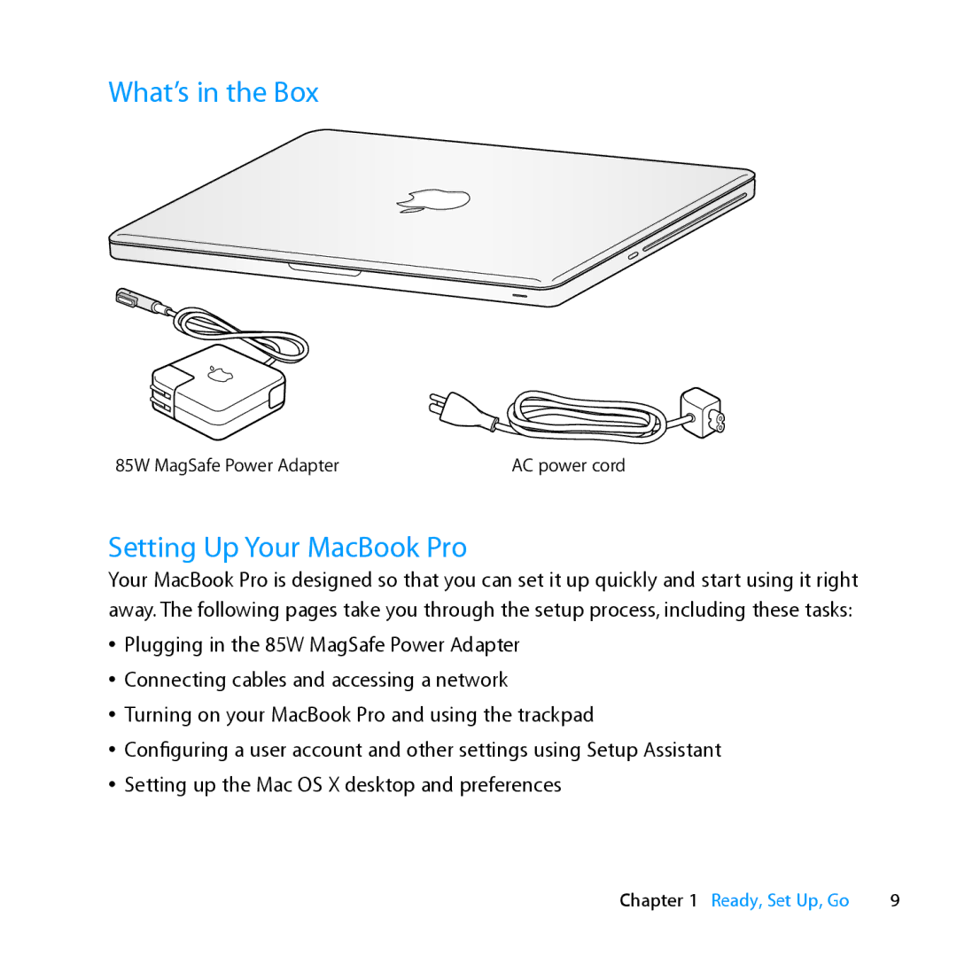 Apple MC371LL/A manual What’s in the Box, Setting Up Your MacBook Pro 