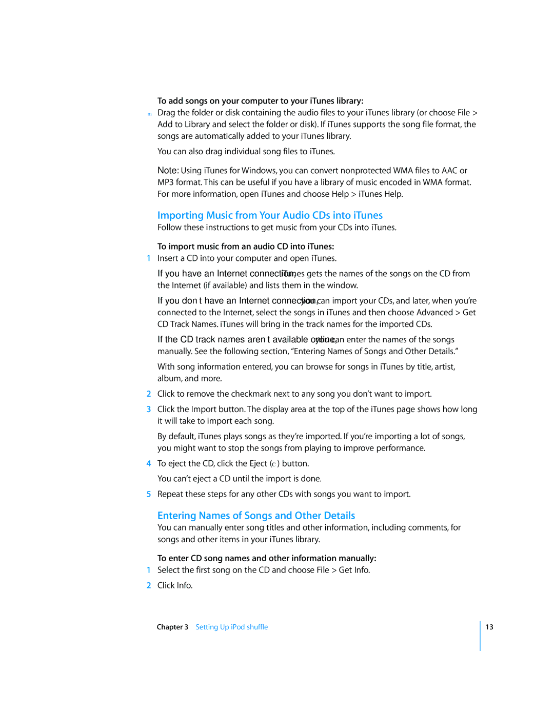 Apple MC164LL/A, MC381LL/A manual Importing Music from Your Audio CDs into iTunes, Entering Names of Songs and Other Details 