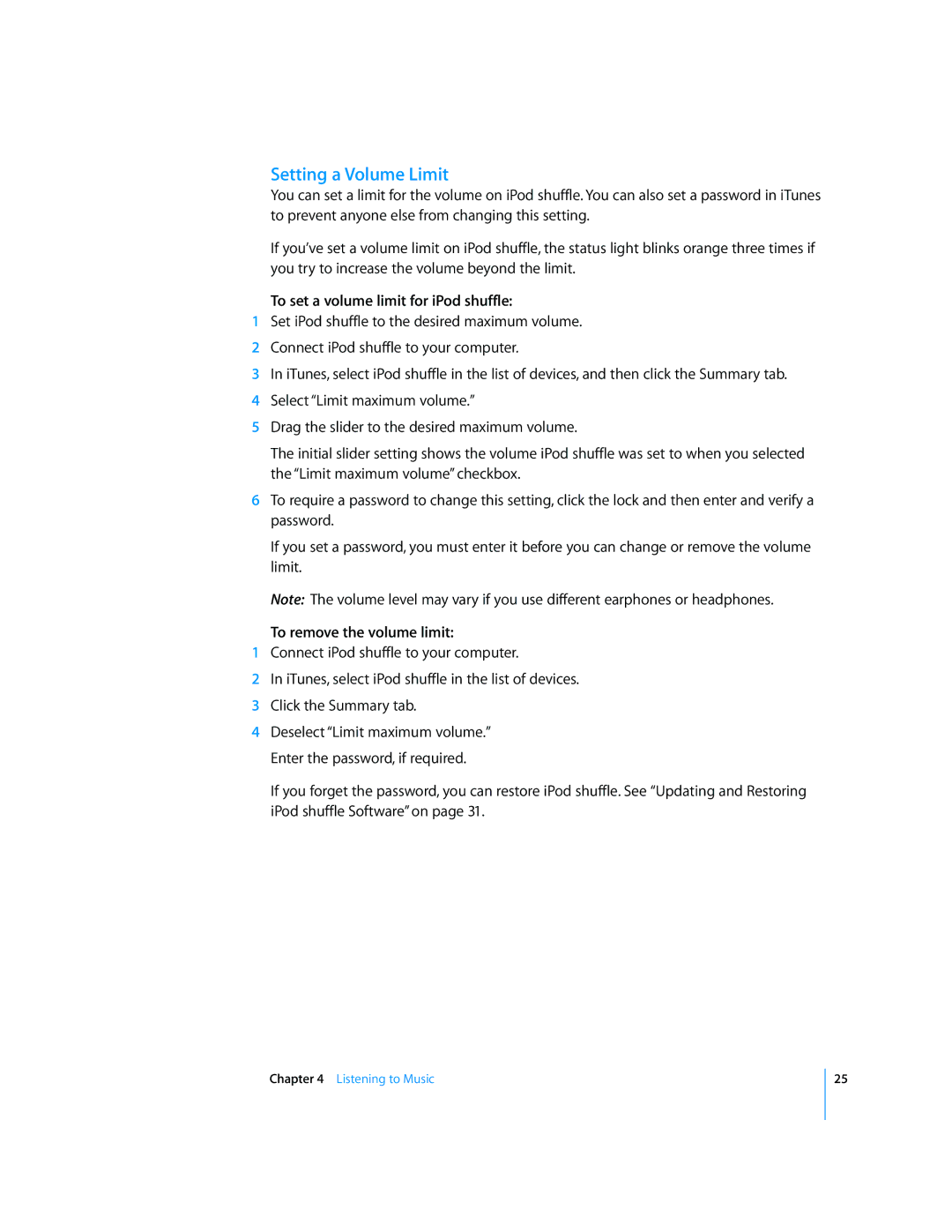 Apple MC164LL/A, MC381LL/A manual Setting a Volume Limit, To set a volume limit for iPod shuffle, To remove the volume limit 