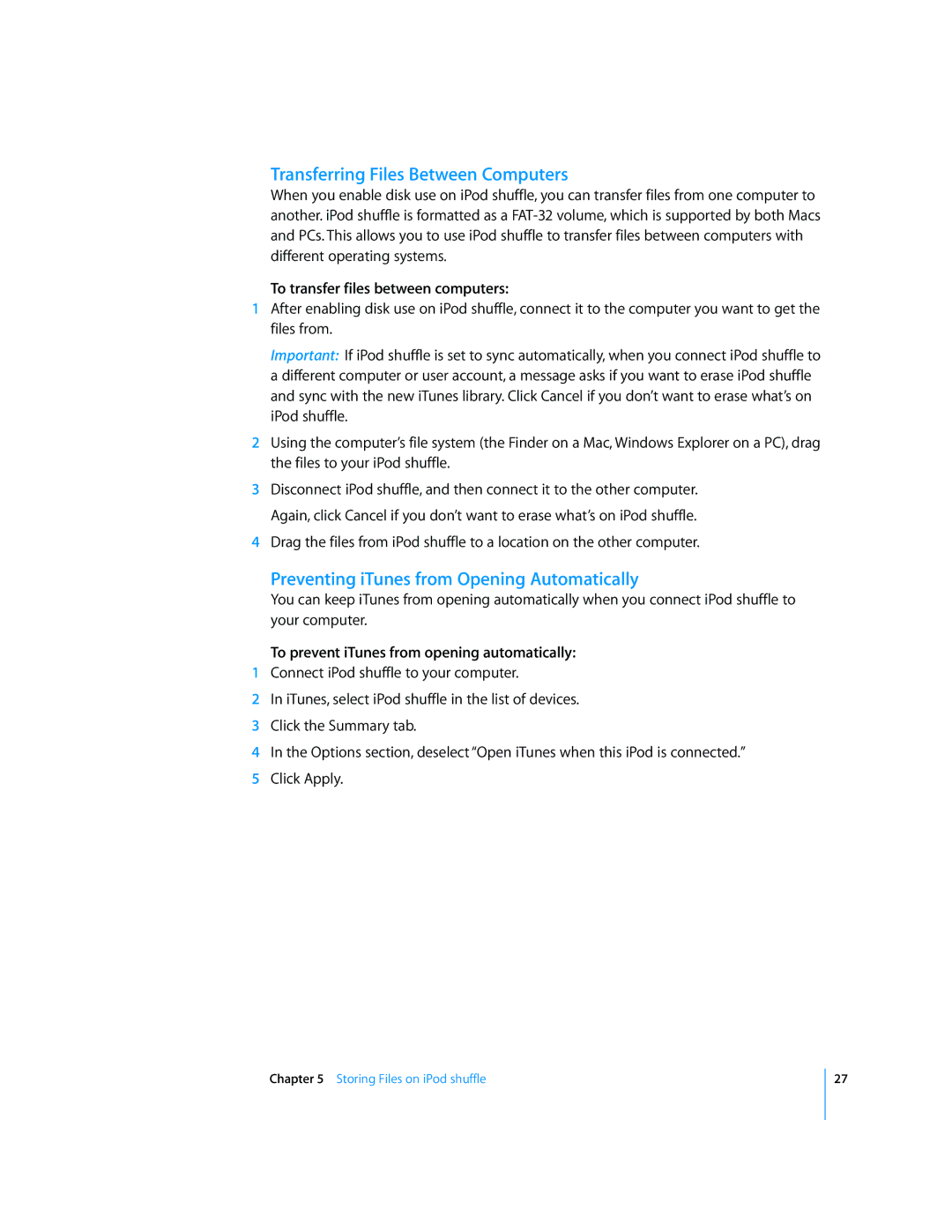 Apple MC381LL/A, MC164LL/A, MB867LL/A Transferring Files Between Computers, Preventing iTunes from Opening Automatically 