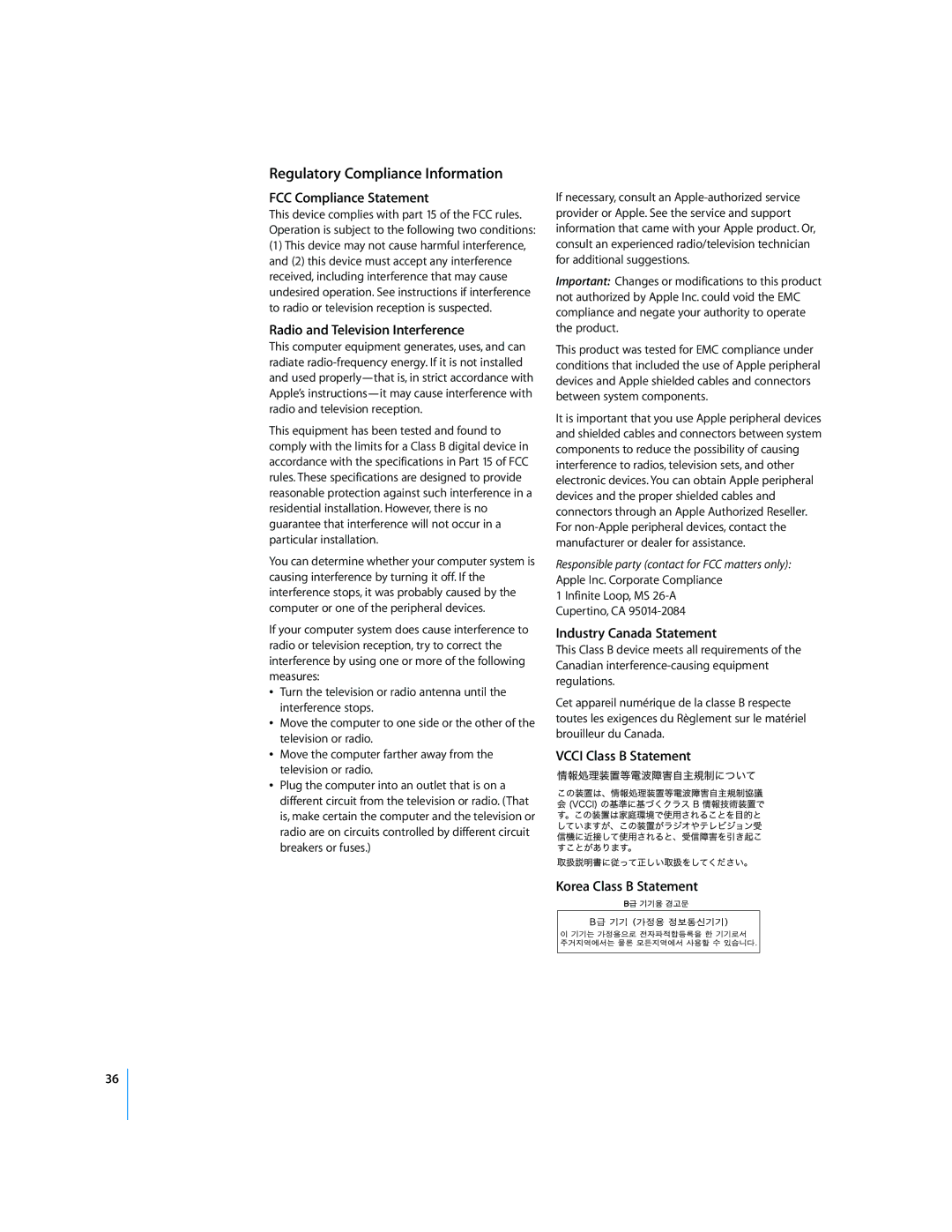 Apple MC381LL/A, MC164LL/A, MB867LL/A manual Regulatory Compliance Information, FCC Compliance Statement 