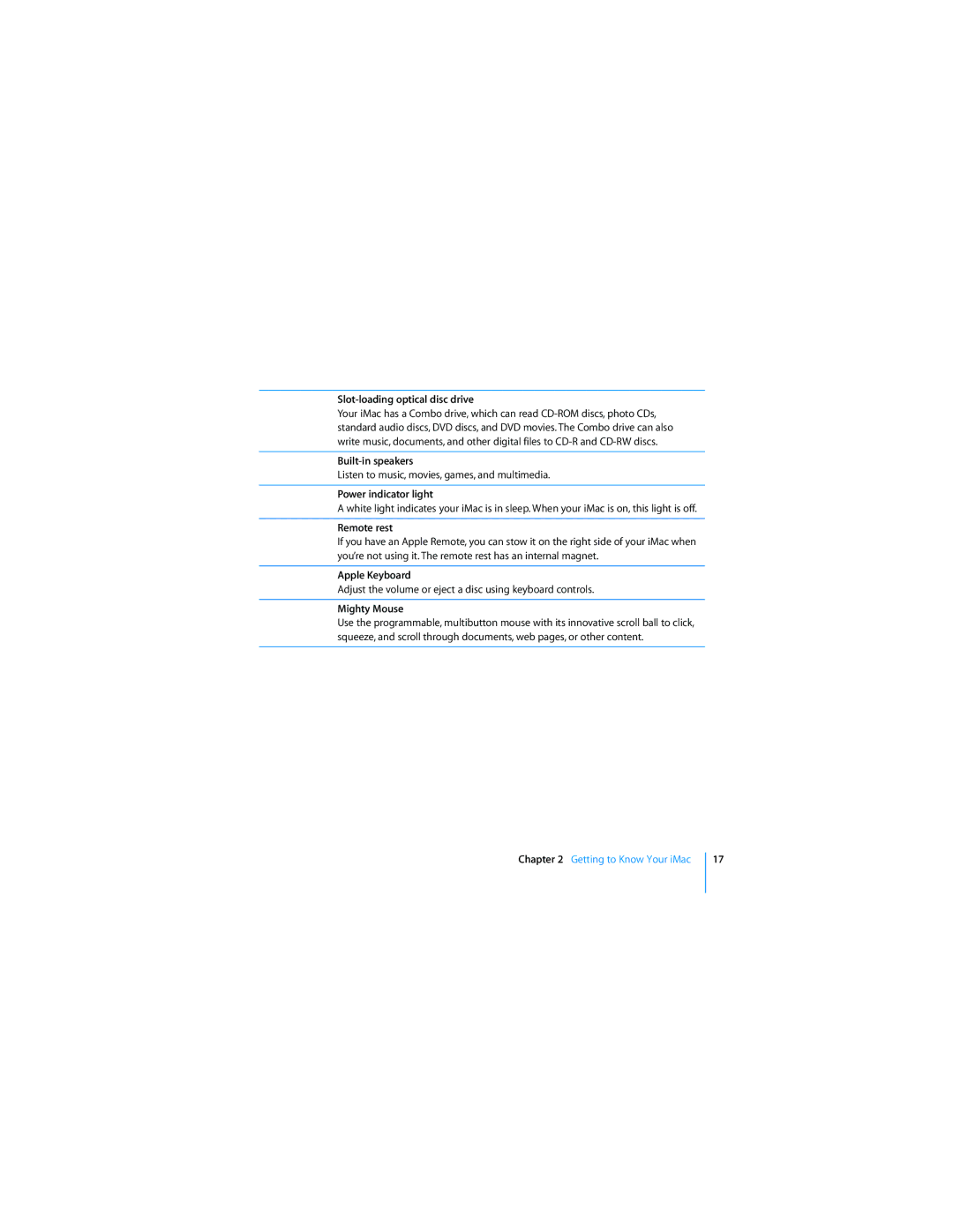 Apple MC413LL/A Slot-loading optical disc drive, Built-in speakers, Power indicator light, Remote rest, Apple Keyboard 