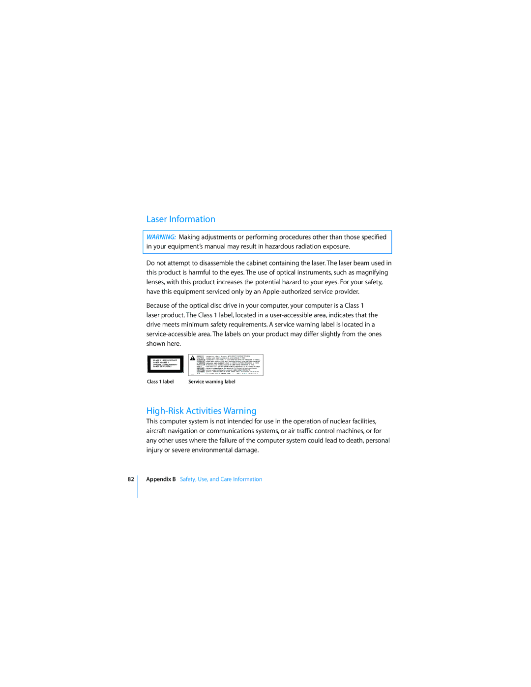 Apple MC413LL/A manual Laser Information, High-Risk Activities Warning 