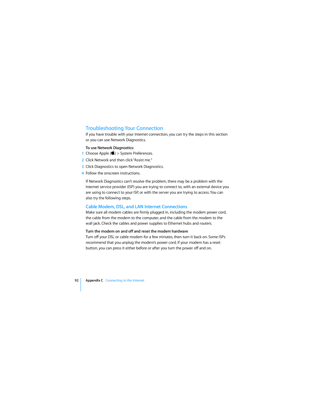 Apple MC413LL/A manual Troubleshooting Your Connection, Cable Modem, DSL, and LAN Internet Connections 