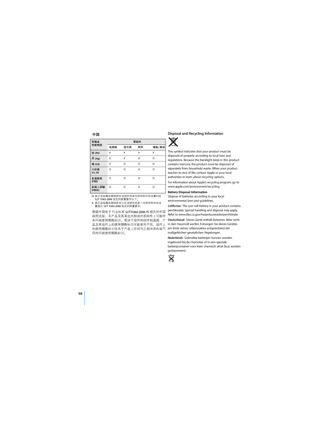 Apple MC413LL/A manual Disposal and Recycling Information, Battery Disposal Information 