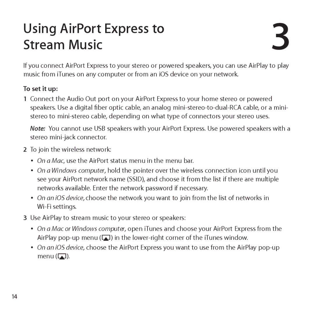 Apple MC414LL/A, MB321LL/A setup guide Using AirPort Express to Stream Music, To set it up 