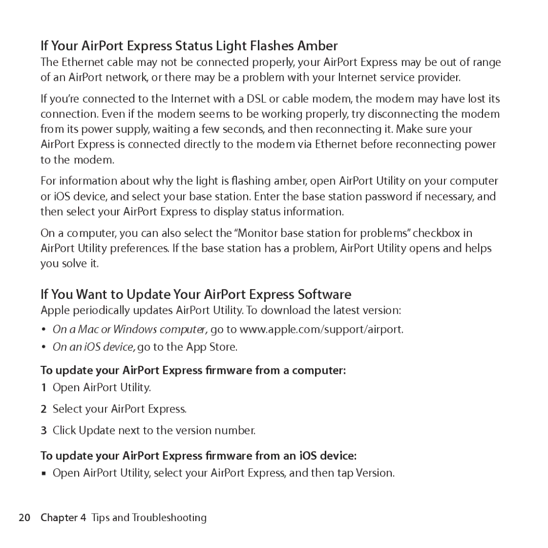 Apple MC414LL/A If Your AirPort Express Status Light Flashes Amber, If You Want to Update Your AirPort Express Software 