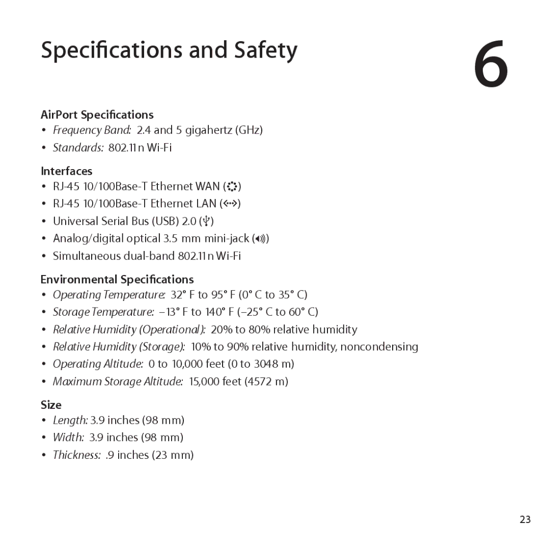 Apple MB321LL/A Specifications and Safety, AirPort Specifications, Interfaces, Environmental Specifications, Size 