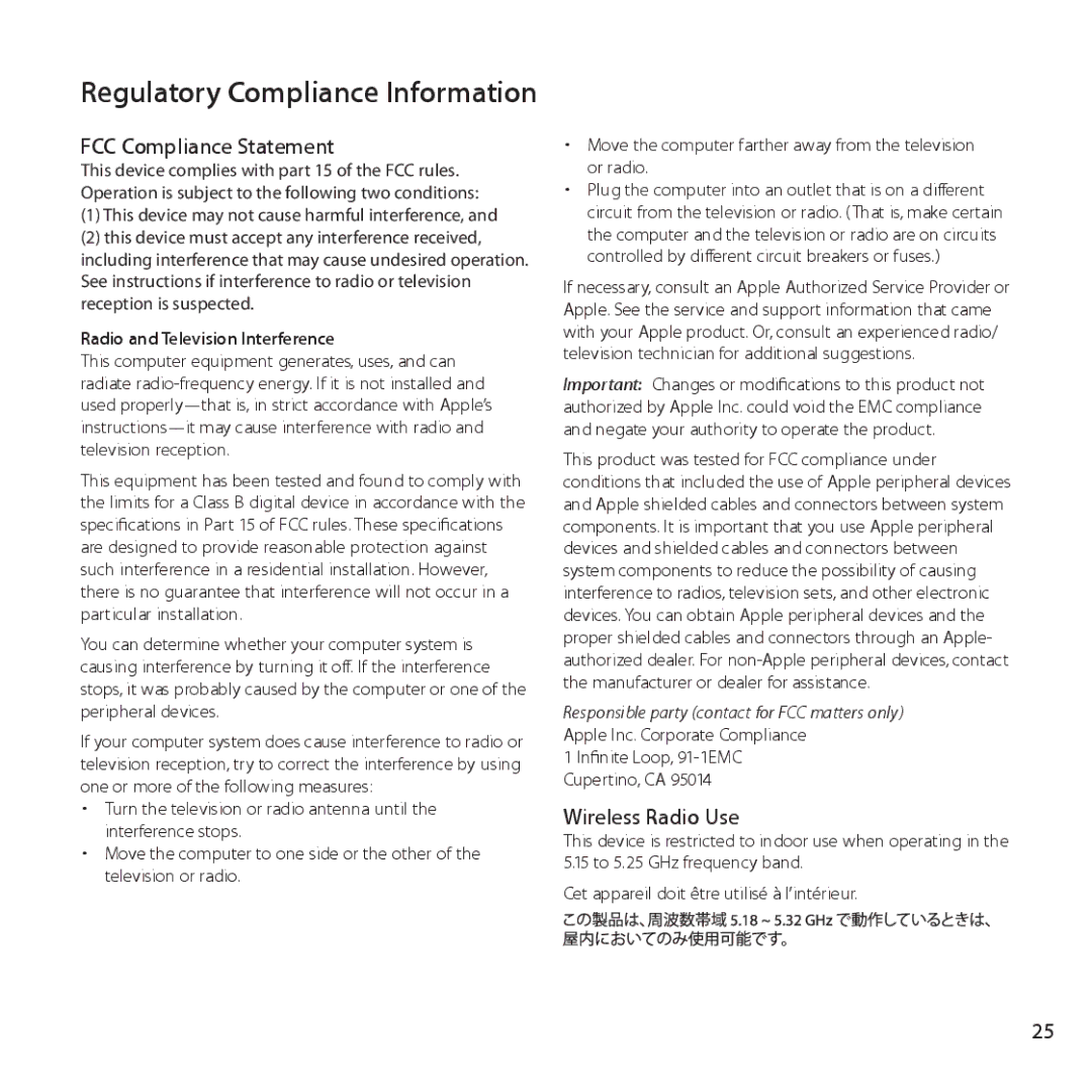 Apple MB321LL/A, MC414LL/A setup guide Regulatory Compliance Information, FCC Compliance Statement, Wireless Radio Use 