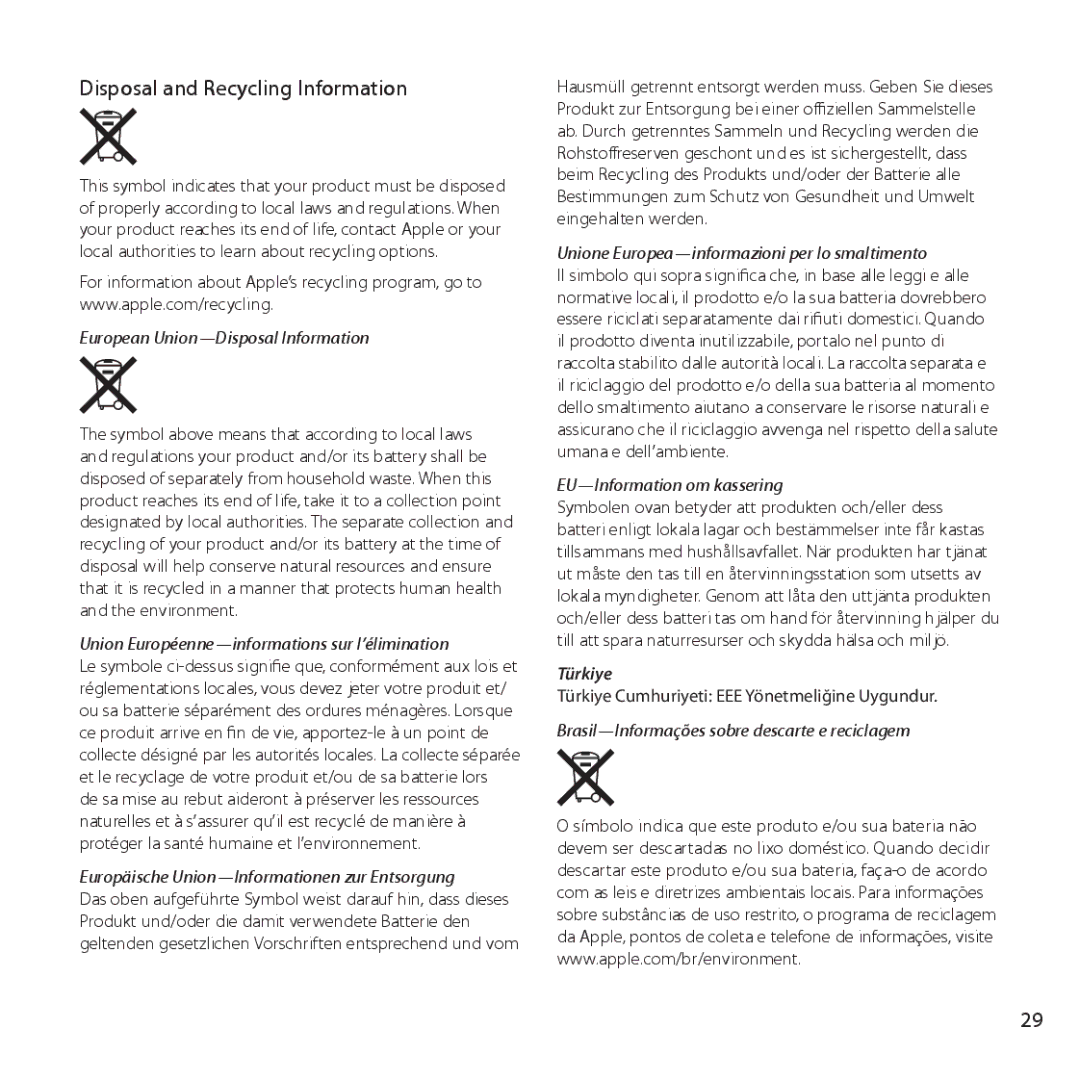 Apple MB321LL/A, MC414LL/A setup guide Disposal and Recycling Information, European Union-Disposal Information 