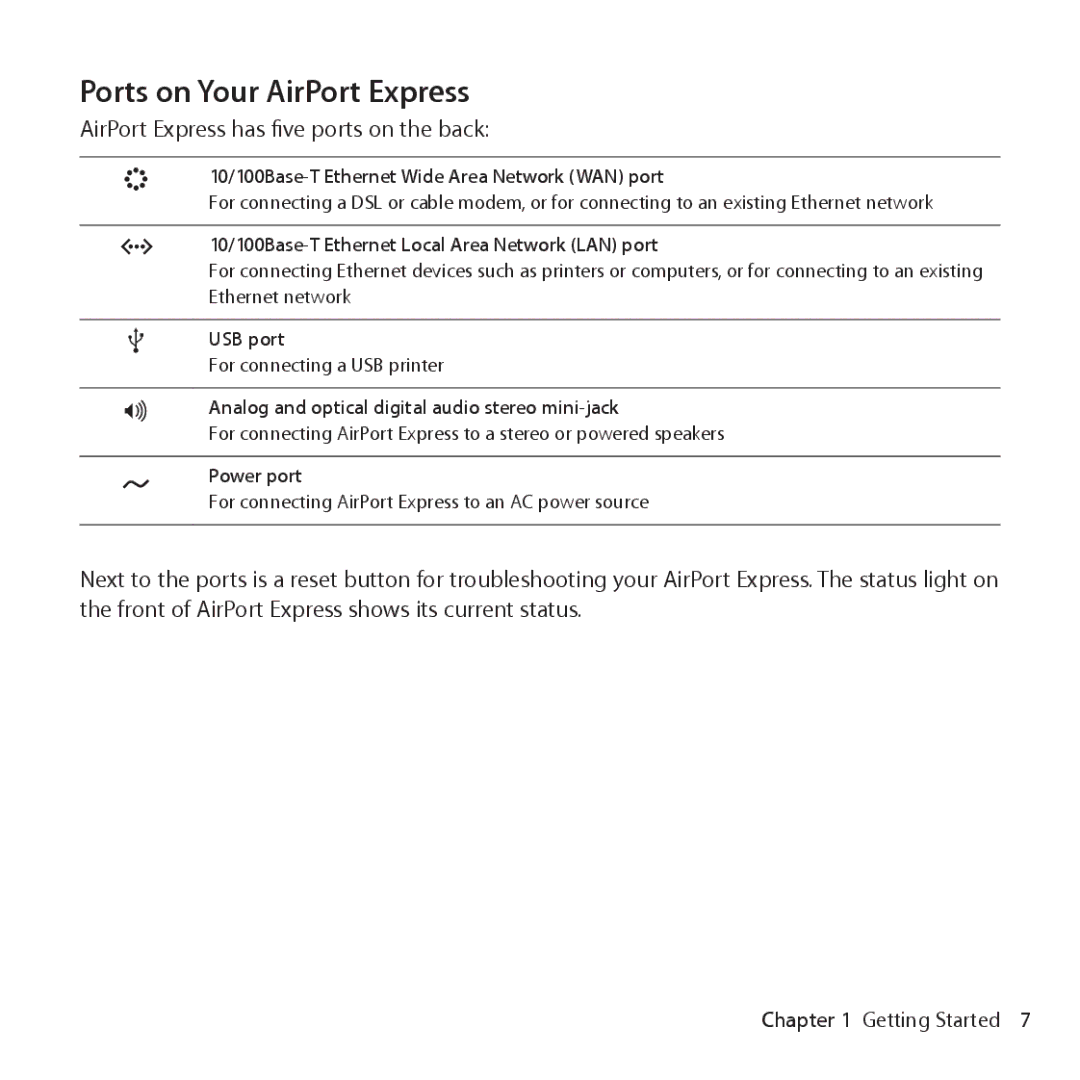 Apple MB321LL/A, MC414LL/A setup guide Ports on Your AirPort Express 