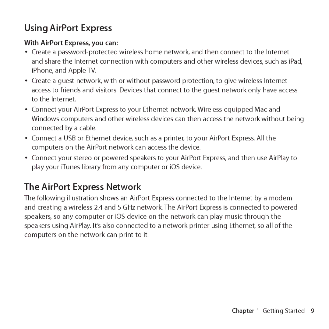 Apple MB321LL/A, MC414LL/A setup guide Using AirPort Express, AirPort Express Network, With AirPort Express, you can 