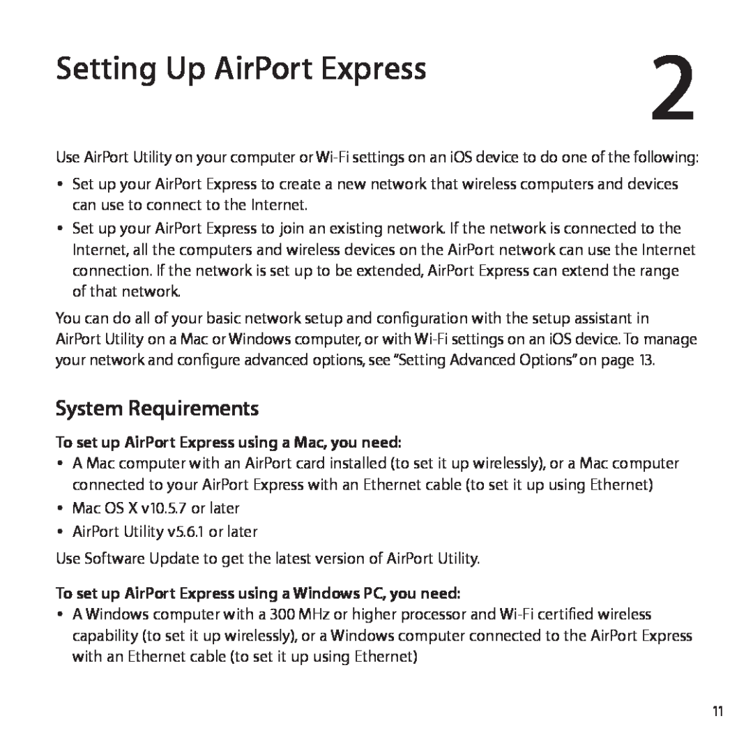 Apple MB321LL/A Setting Up AirPort Express, System Requirements, To set up AirPort Express using a Mac, you need 