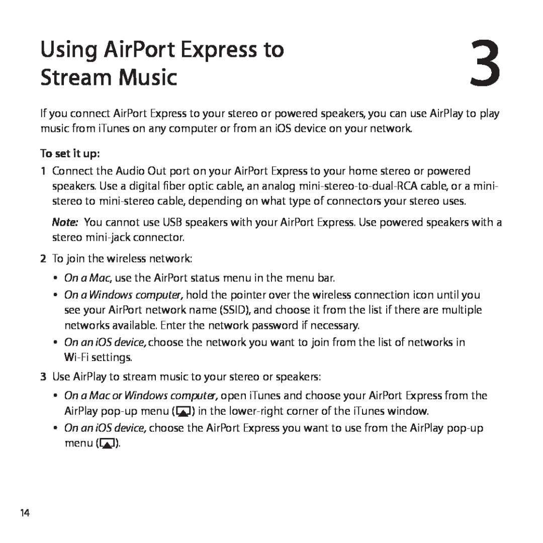 Apple MC414LL/A, MB321LL/A setup guide Using AirPort Express to, Stream Music, To set it up 