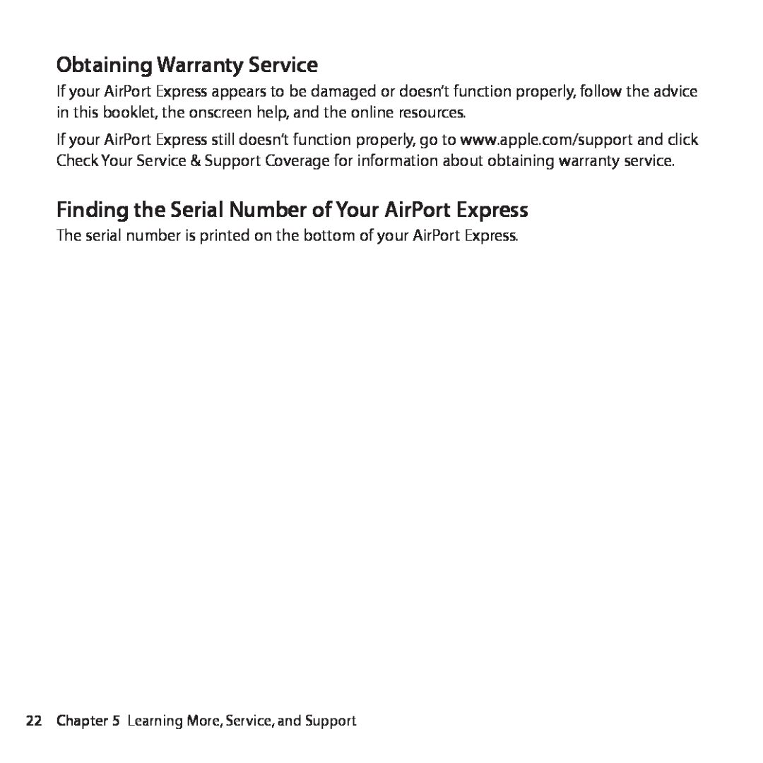 Apple MC414LL/A, MB321LL/A setup guide Obtaining Warranty Service, Finding the Serial Number of Your AirPort Express 