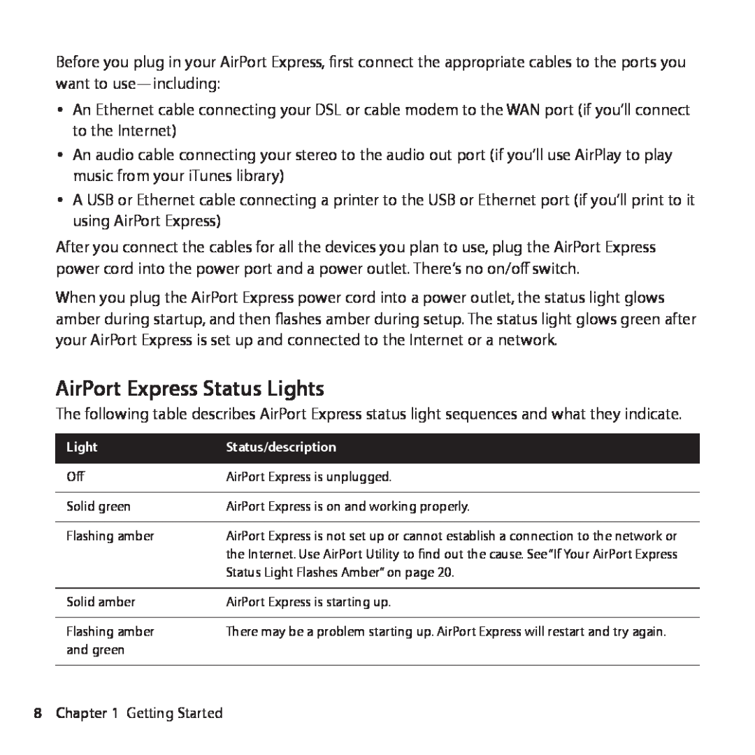 Apple MC414LL/A, MB321LL/A setup guide AirPort Express Status Lights, Status/description 