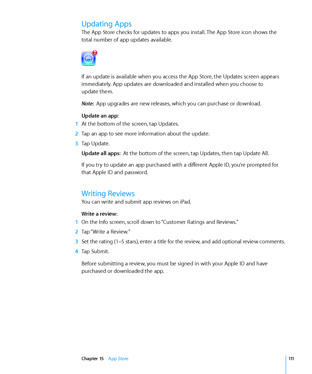 Apple MC497LL/A manual Updating Apps, Writing Reviews, Update an app, Write a review, App Store 111 