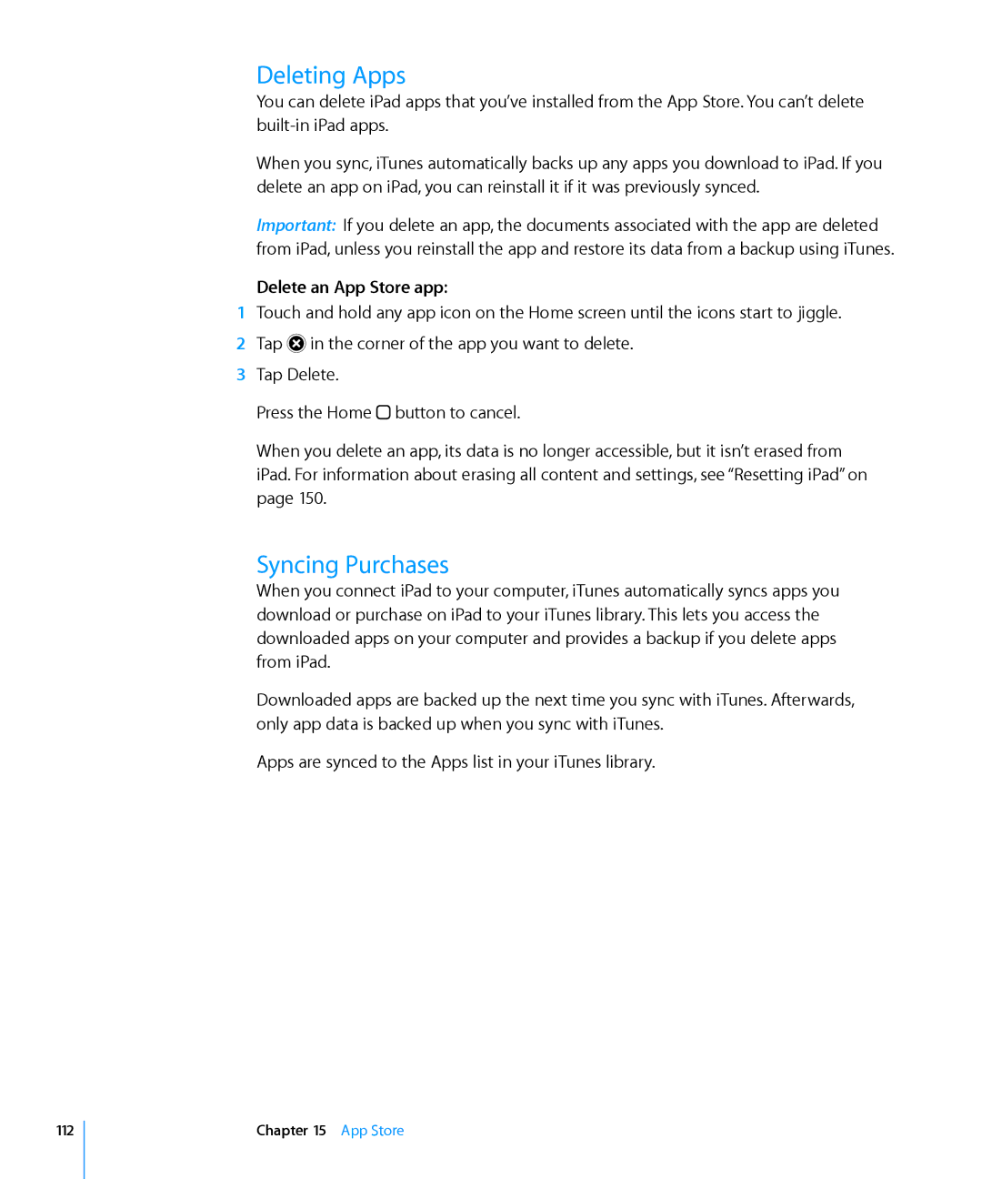 Apple MC497LL/A manual Deleting Apps, Syncing Purchases, Delete an App Store app 