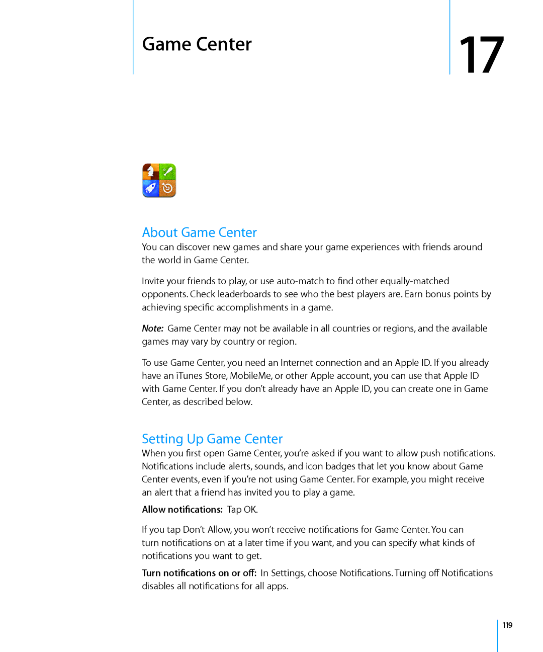 Apple MC497LL/A manual About Game Center, Setting Up Game Center, Allow notifications Tap OK, 119 