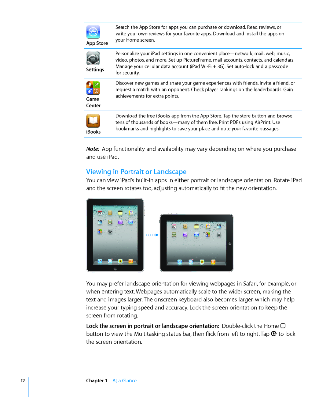 Apple MC497LL/A manual Viewing in Portrait or Landscape, App Store, IBooks 