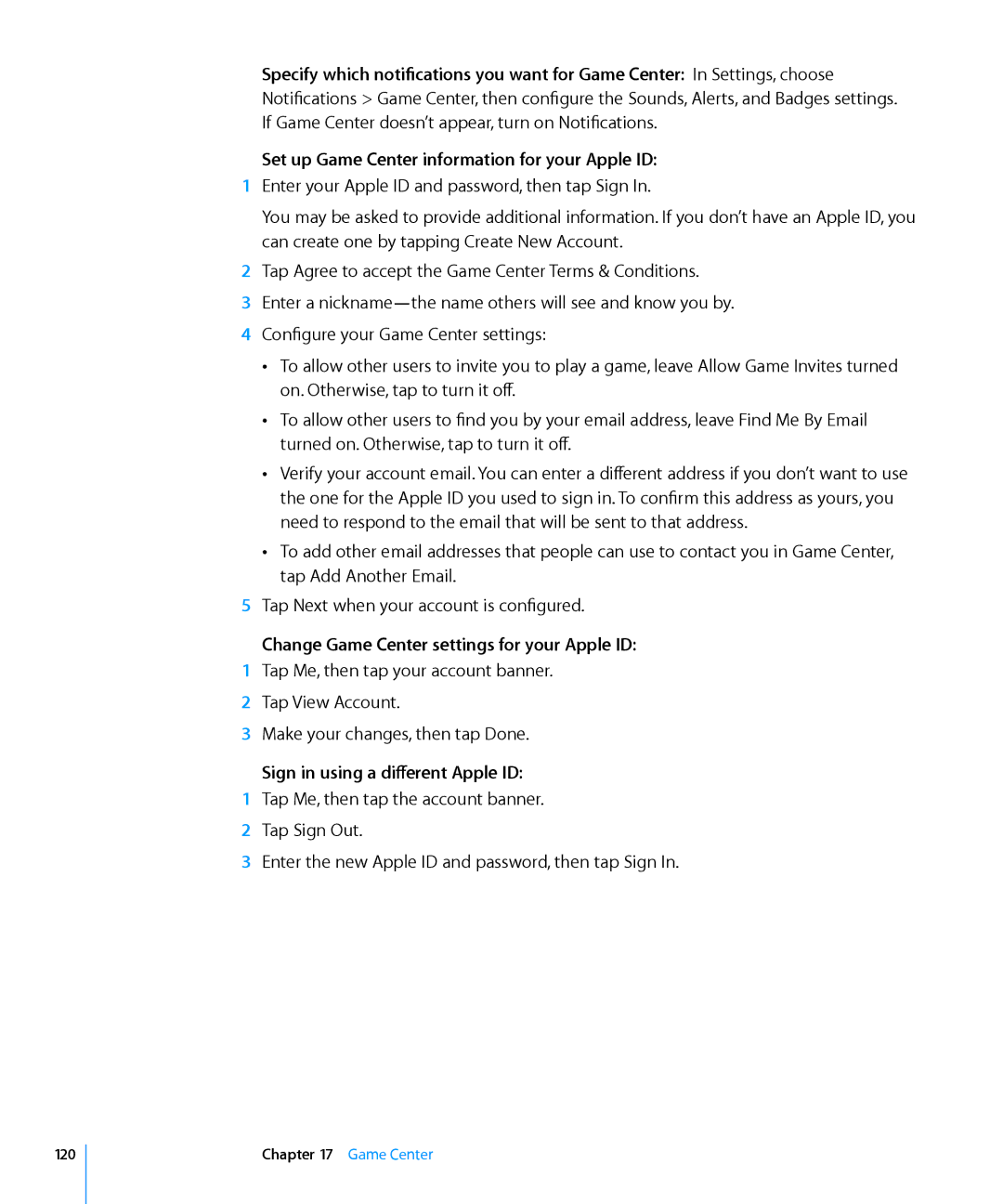 Apple MC497LL/A manual Change Game Center settings for your Apple ID, Sign in using a different Apple ID 