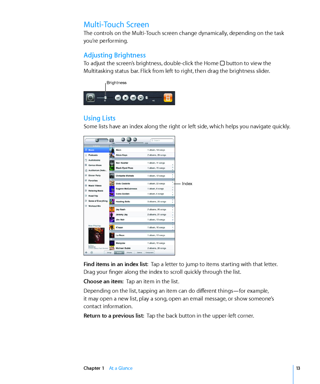 Apple MC497LL/A manual Multi-Touch Screen, Adjusting Brightness, Using Lists 